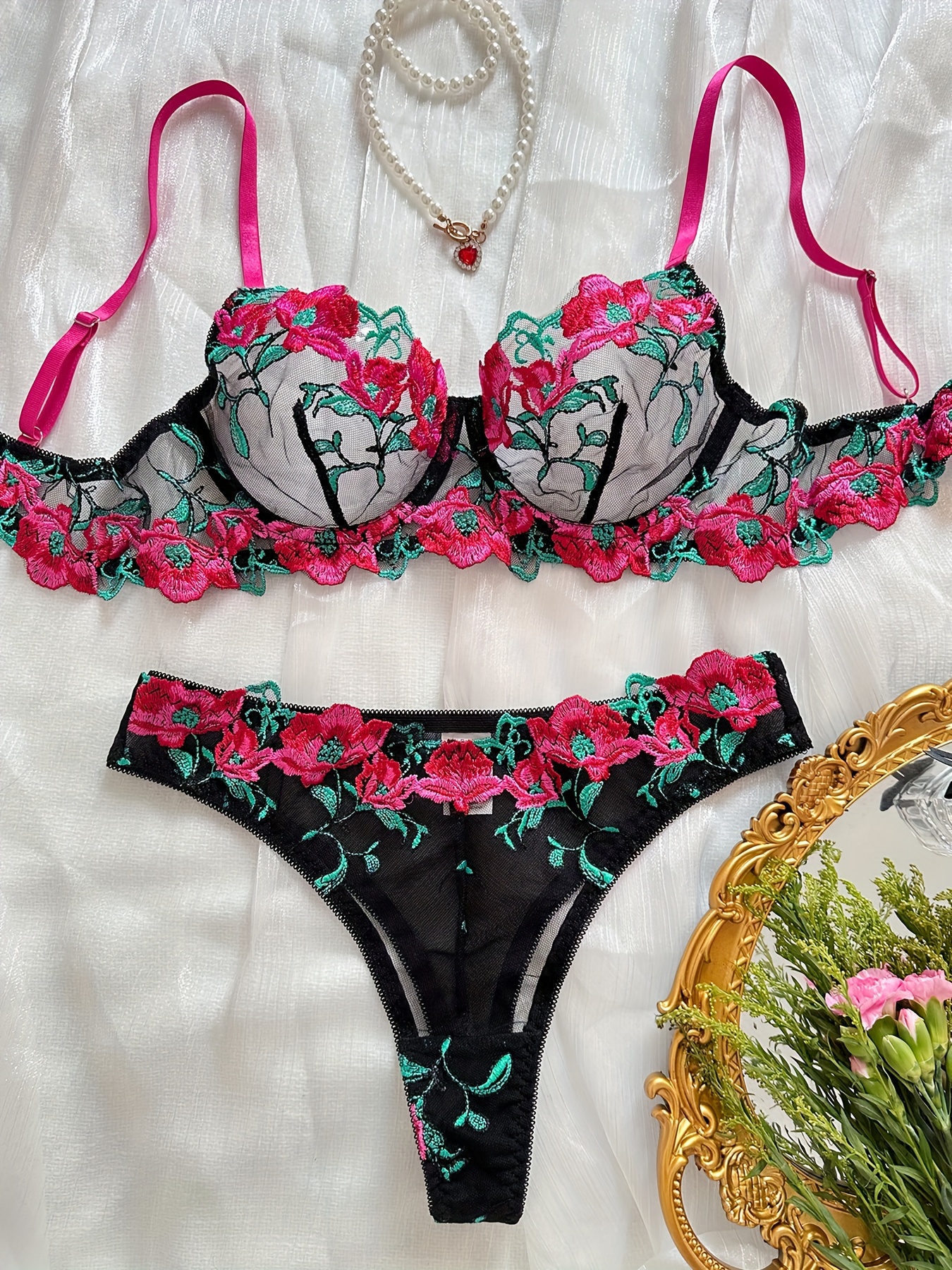 Floral Embroidery Lingerie Set Mesh Sheer Unlined Bra + G - Temu