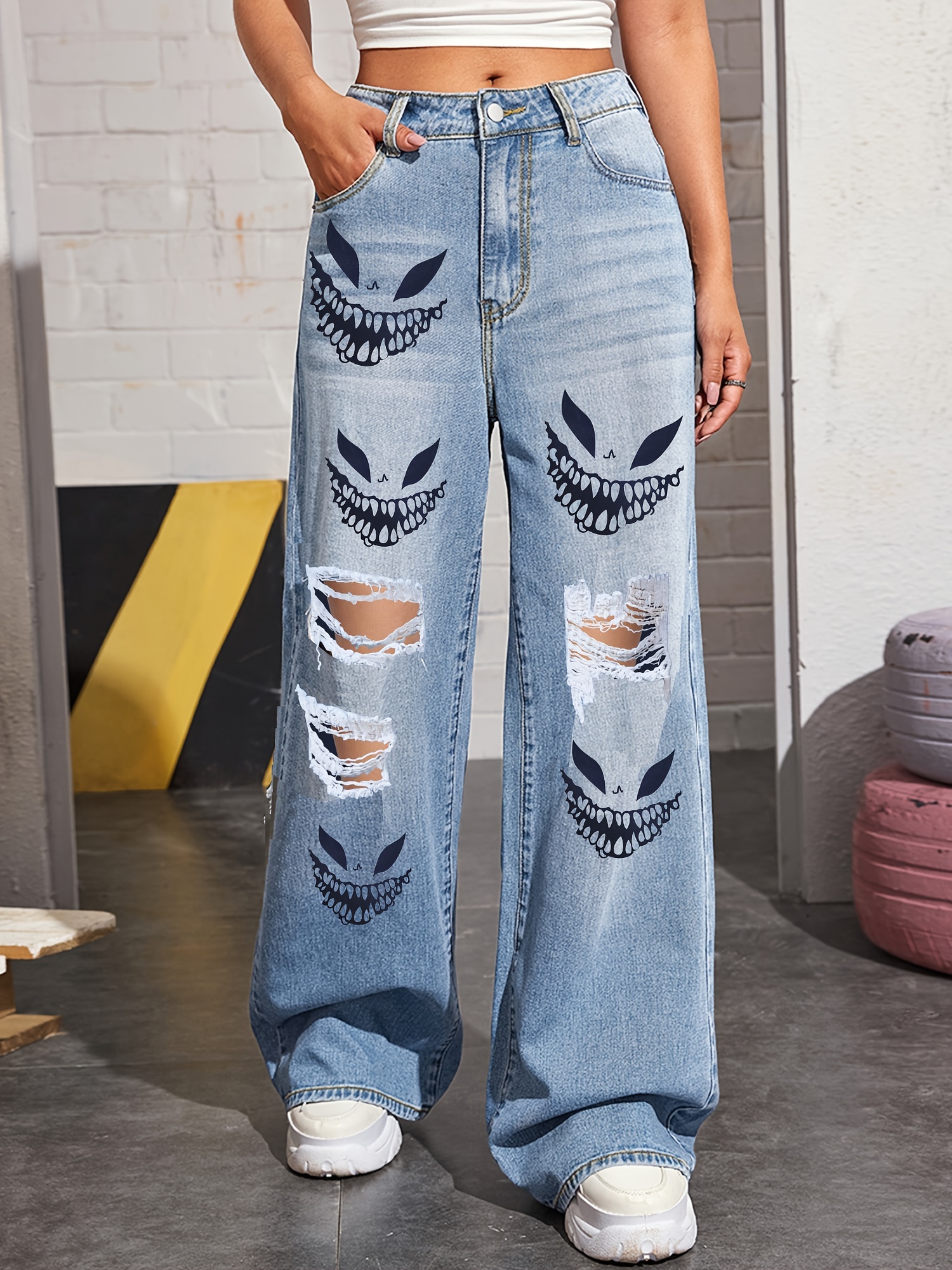 Blue Straight Jeans Ripped Holes Loose Fit - Temu Canada