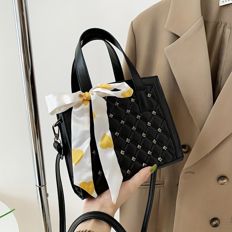 Niche Rivets Decor Quilted Shoulder Bag with Scarf