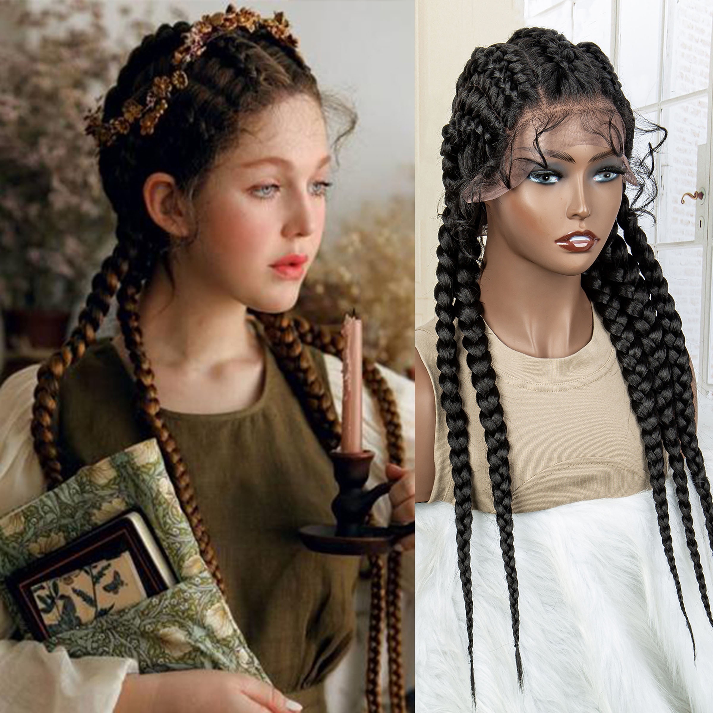 Box Braided Wigs Knotless Cornrow Braids Synthetic Black Hand Braided Wigs  With Baby Hair For Women
