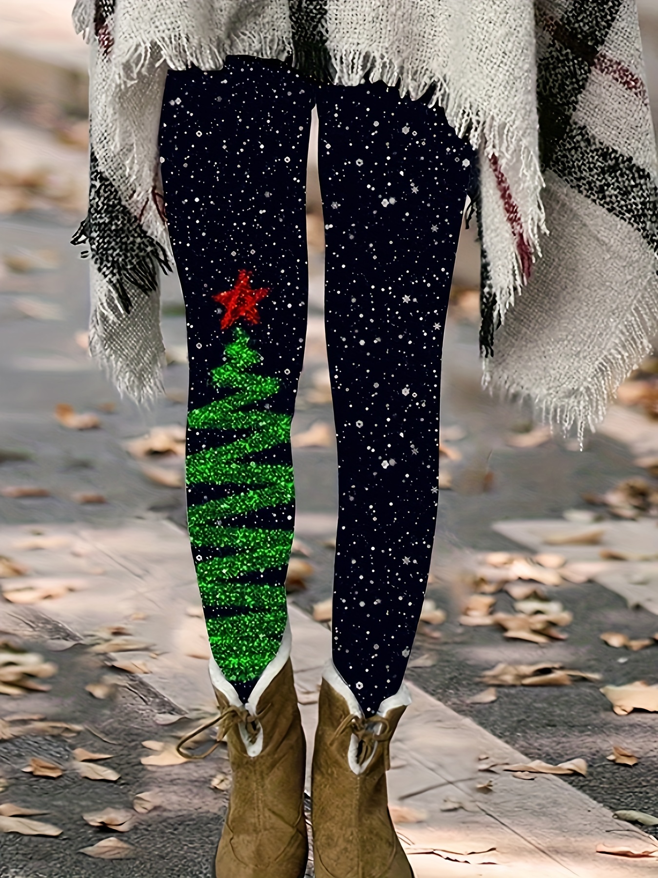 Christmas Tree Snow Print Leggings Casual Every Day Stretchy - Temu