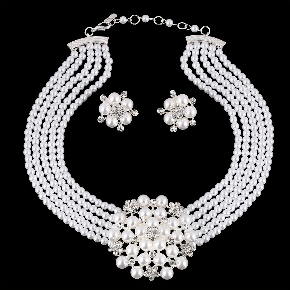 luxury style faux pearl necklace earrings bridal accessories set silver plated accessories