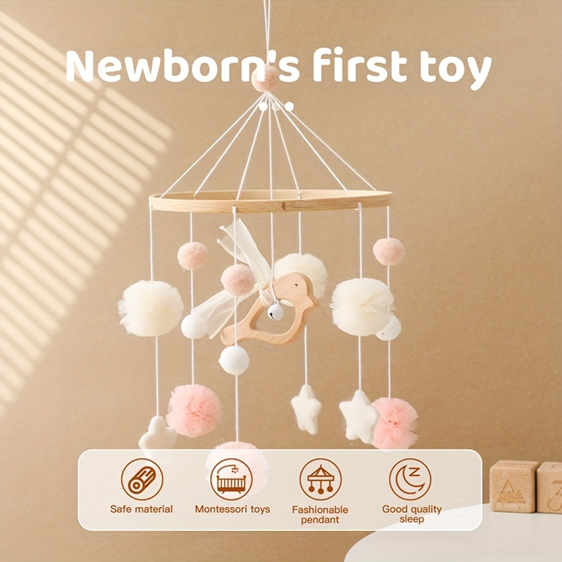 Hochet Mobile pour berceau de bébé, perles en bois, boules de laine, cloche,  carillon éolien, décoration suspendue pour chambre de bébé