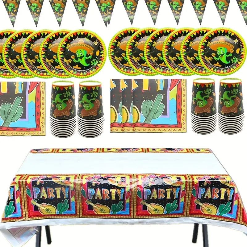 Fiesta Tableware Set Plates Cups Party Napkins Triangle Flag - Temu