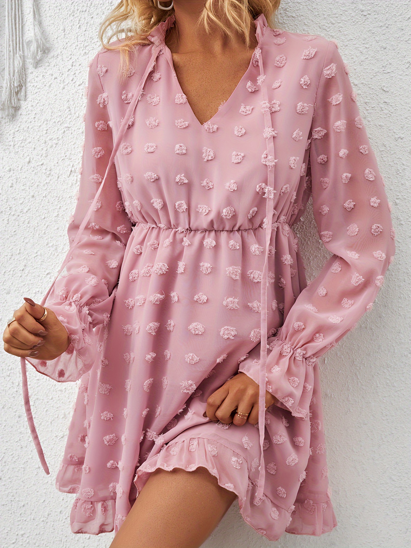 Elegant Dots Ruffle Dress Lace Up Long Sleeve Loose - Temu