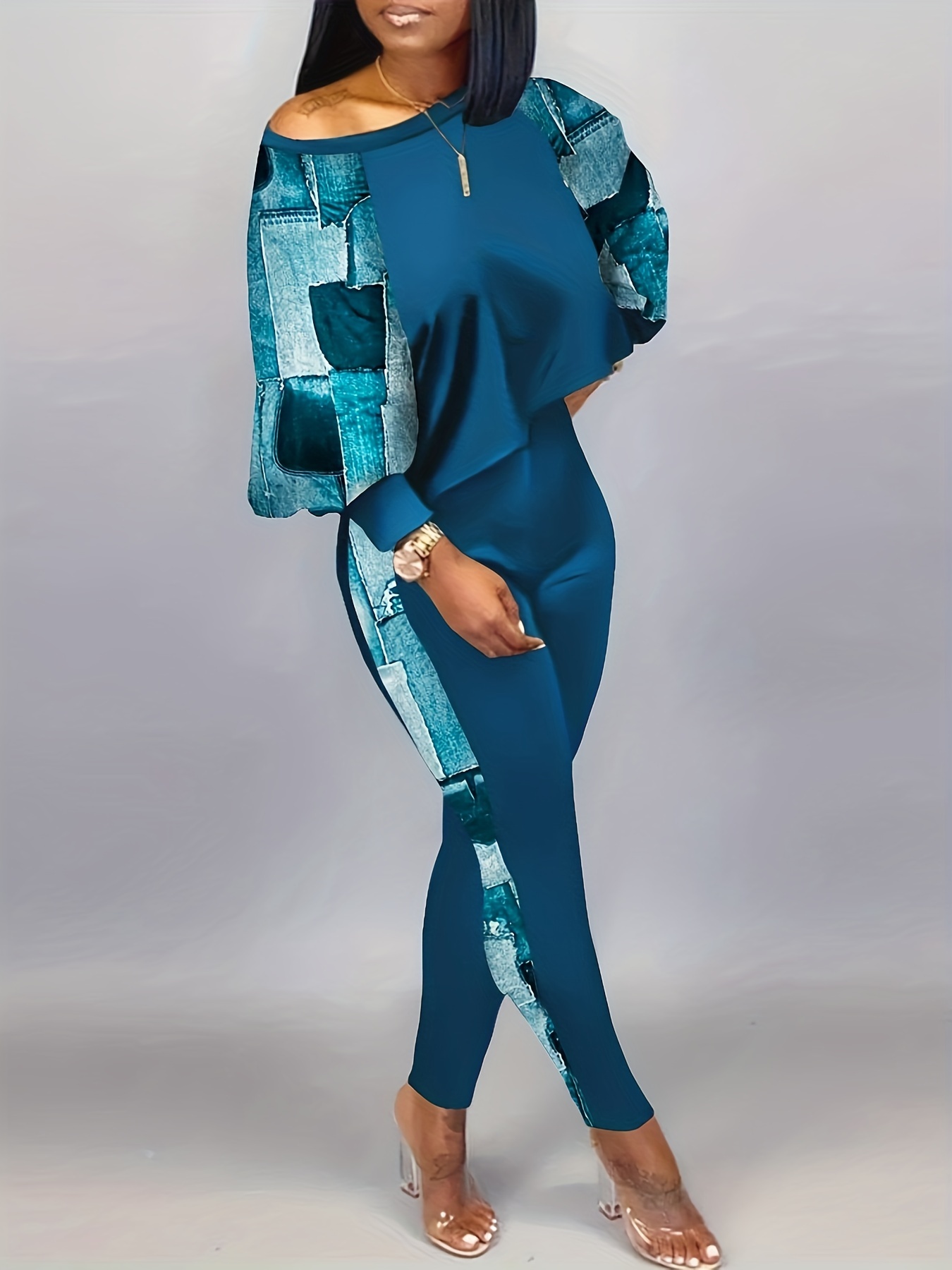 Plus Size Trendy Outfit Set Women's Plus Denim Print One - Temu