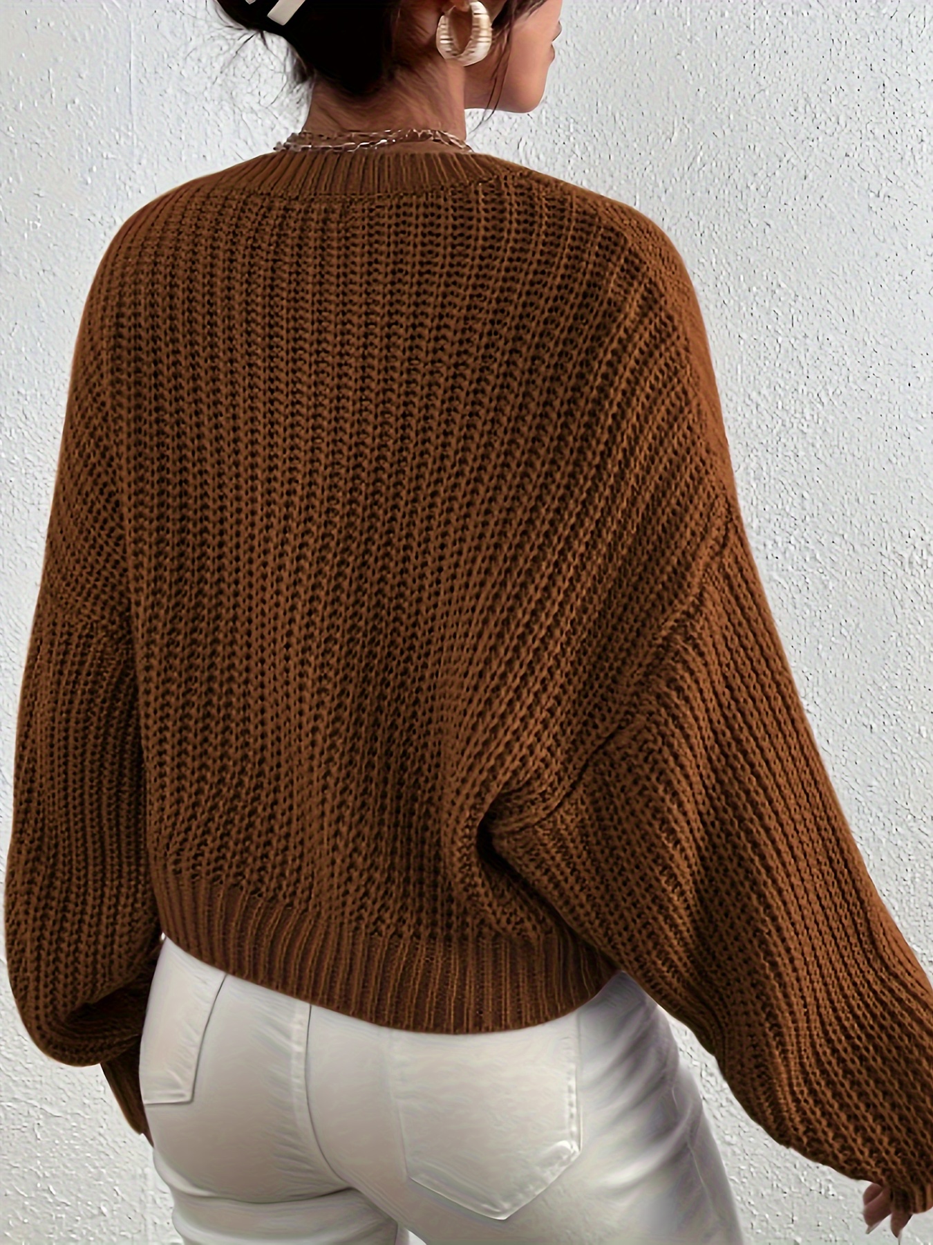 Crew Neck Rib Knit Sweater, Casual Drop Shoulder Oversized Long