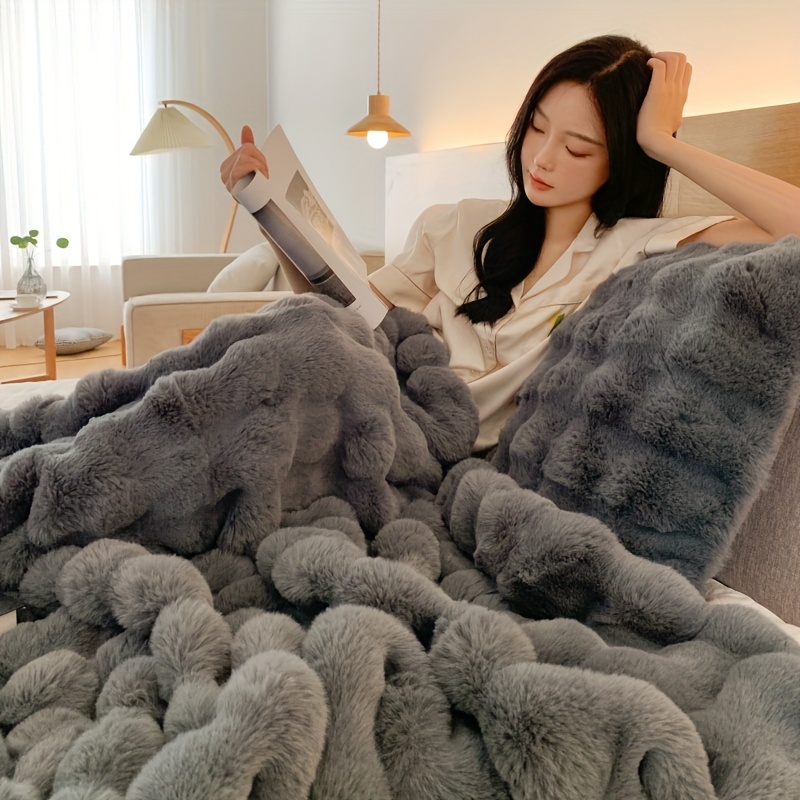 ultra soft plush throw blanket thick reversible bubble fleece for travel sofa bed home decor machine washable     in white details 2