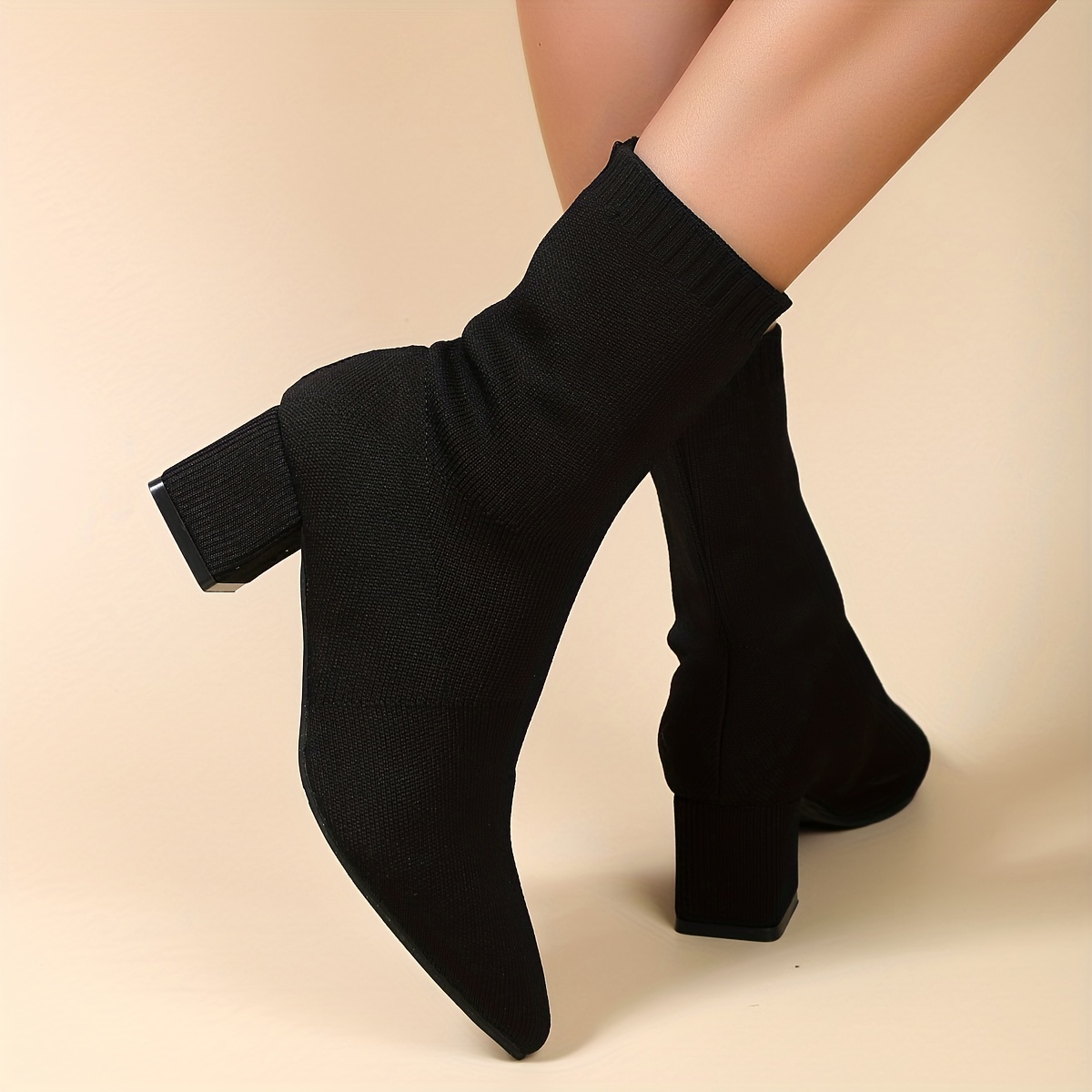 

Women's Solid Color Chunky Heel Boots, Breathable Knit Point Toe Boots, Stylish Slip On Boots