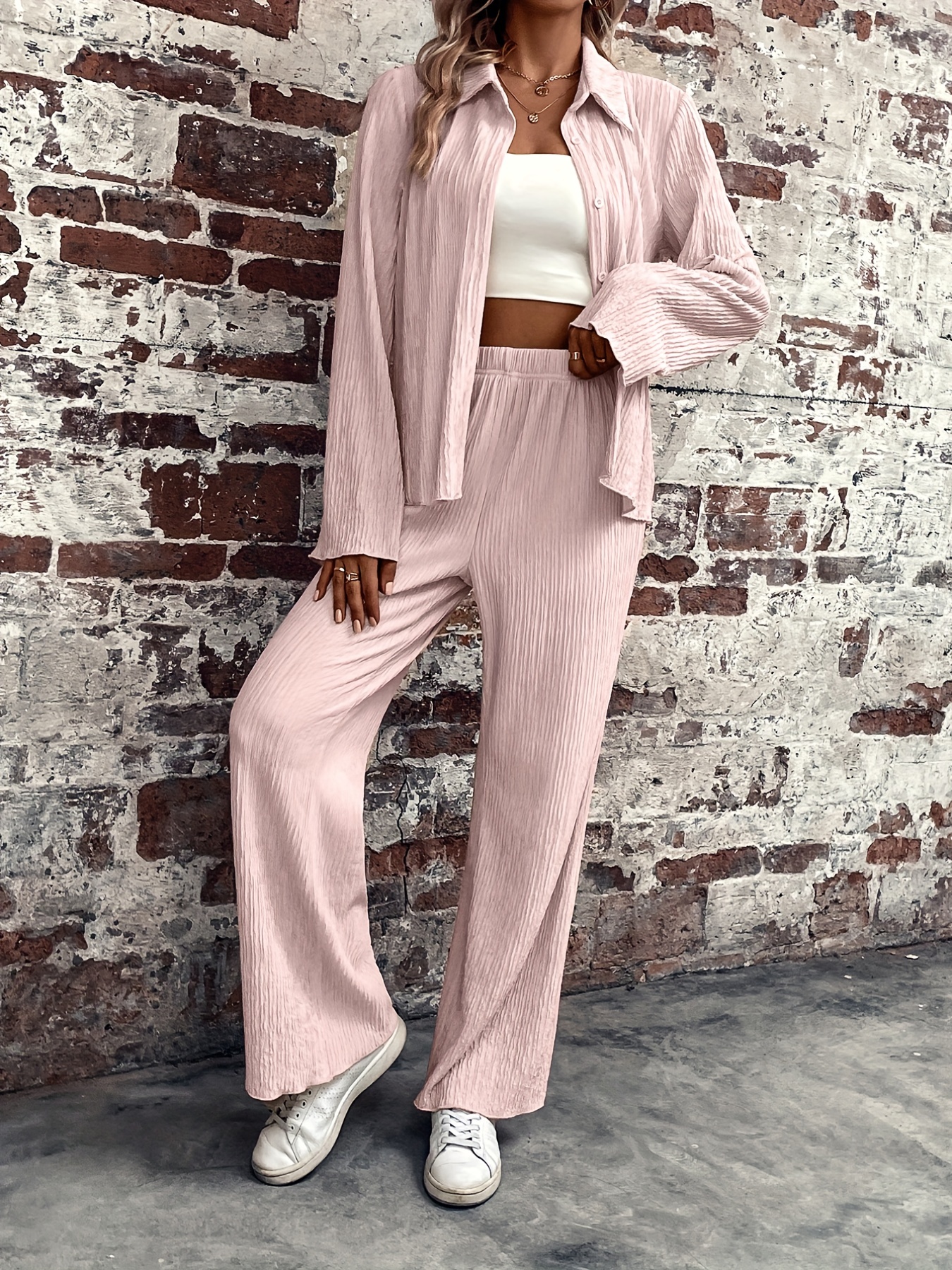 Button Front Shirt & Wide Leg Pants Set