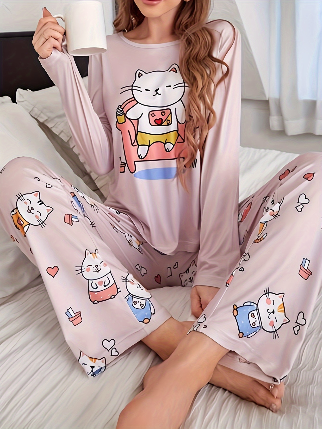 Cute Cat Pattern Pajamas Sets Lapel Collar Casual Shirt Top - Temu