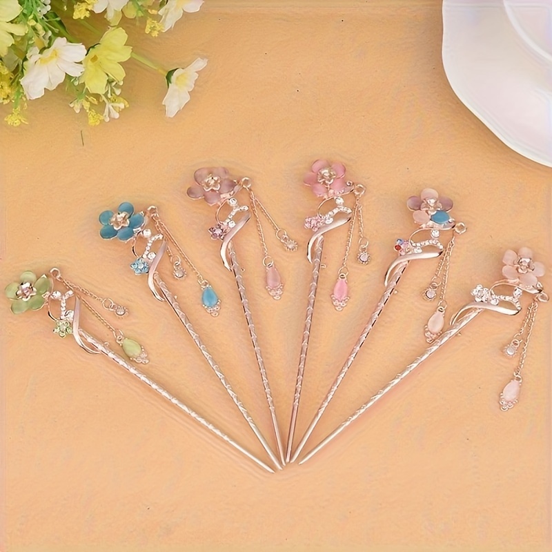 Chinese Style Metal Rhinestone Hair Chopsticks With Tassel, Pearl