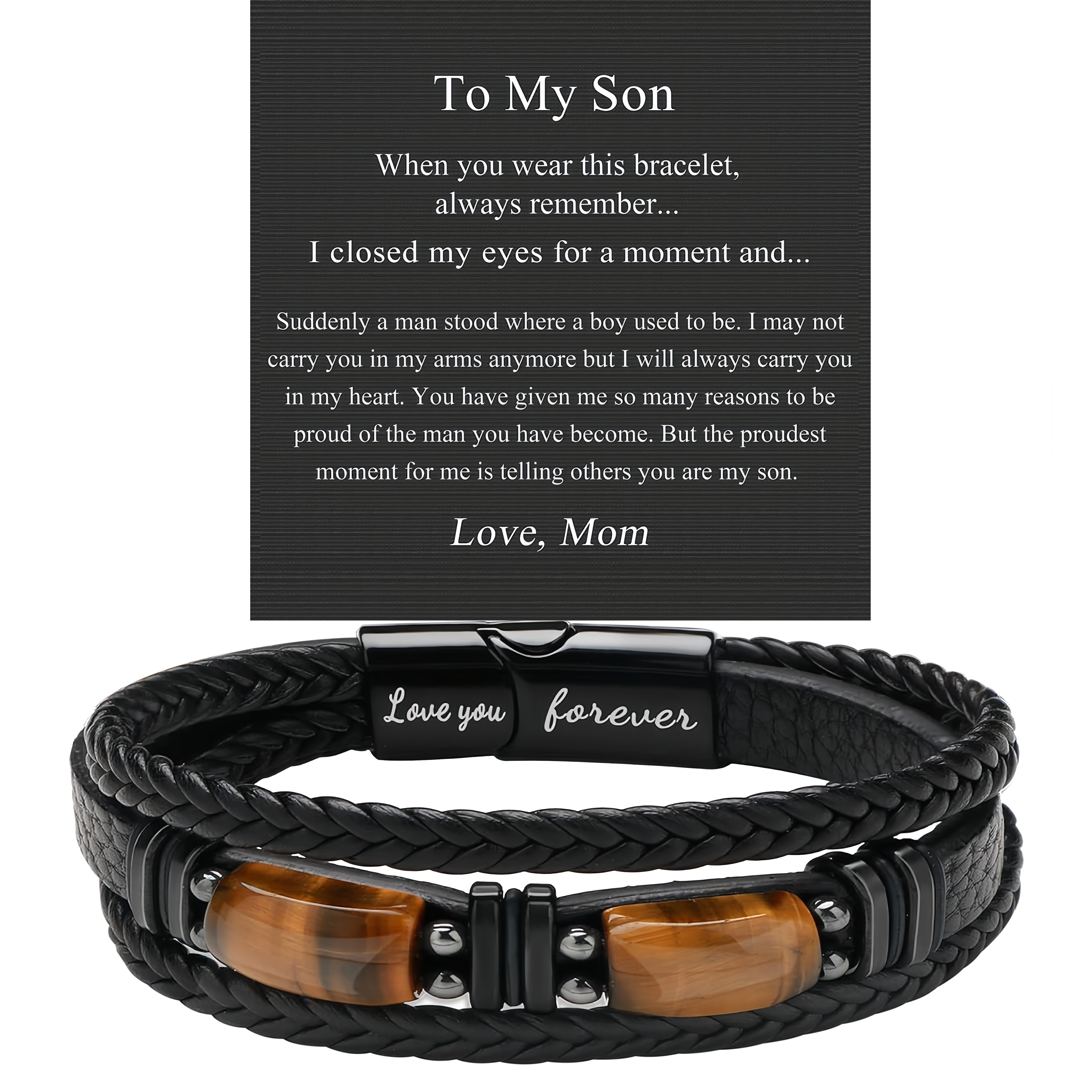

Artificial Leather Natural Stone Bangle Bracelet Valentine's Day Gifts For Son With Blessing Card, I Love You Gifts For Son From Mom