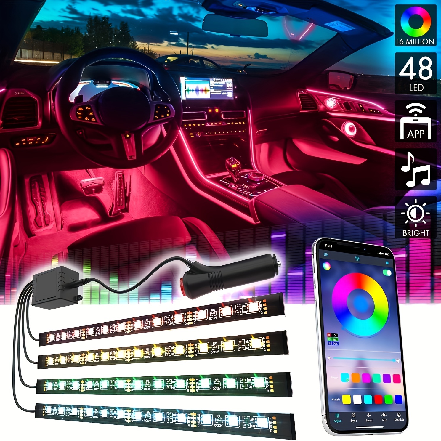 48 Leds Interior Car Lights With Smart App Control Dc12v - Temu