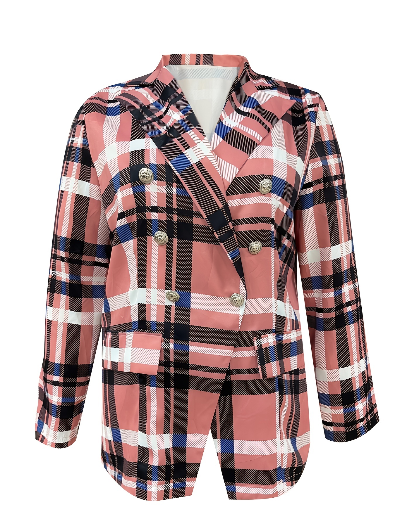 Plaid Print Long Sleeve Lapel Double Button Blazer