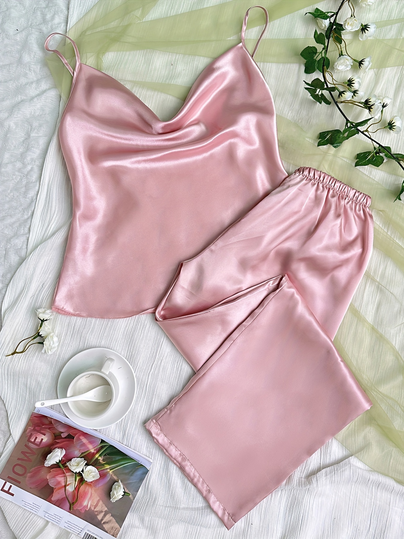 Elegant Floral Print Ice Satin Pajamas Set, Cami Top & Pajama Pants,women's  Loungewear & Sleepwear - Temu