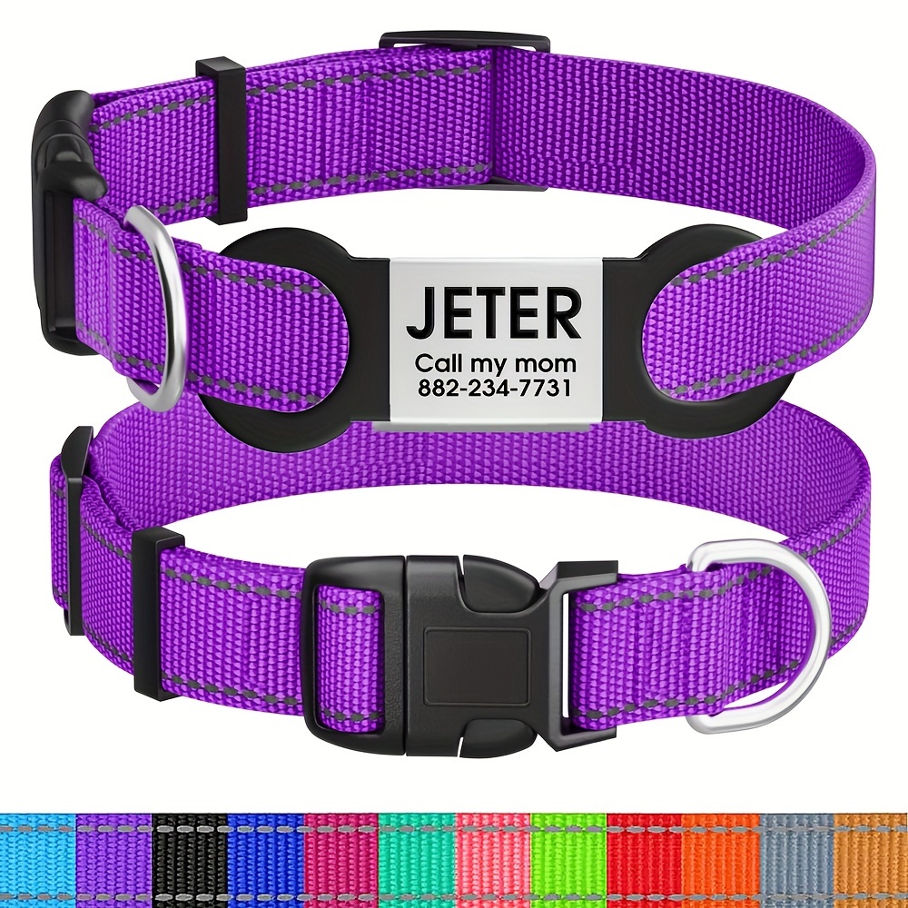 TEMU Adjustable Custom Reflective Nylon Dog Collar With Name Plate - Personalized Pet Id Tag, Buckle Closure, Quick Visibility For Safety,