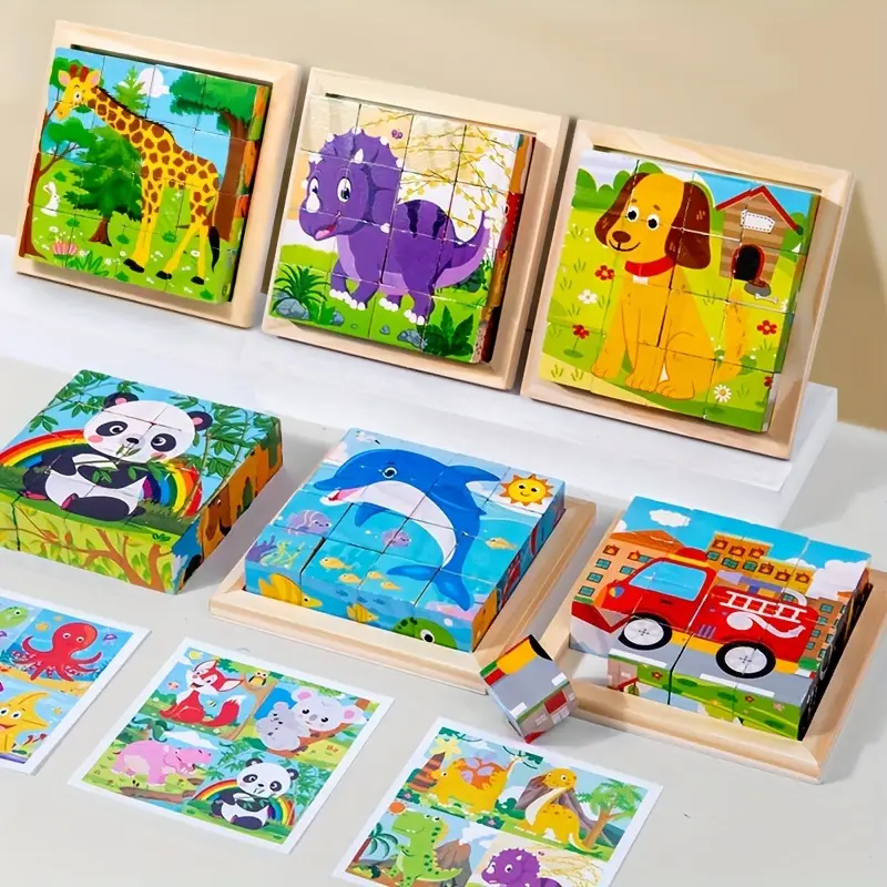 Puzzle en blocs de bois pour tout-petits de 1 à 3 ans, jeux d'éducation  précoce pour enfants d'âge préscolaire, puzzle d'animaux en cube avec  plateau de rangement, puzzles à six cubes latéraux