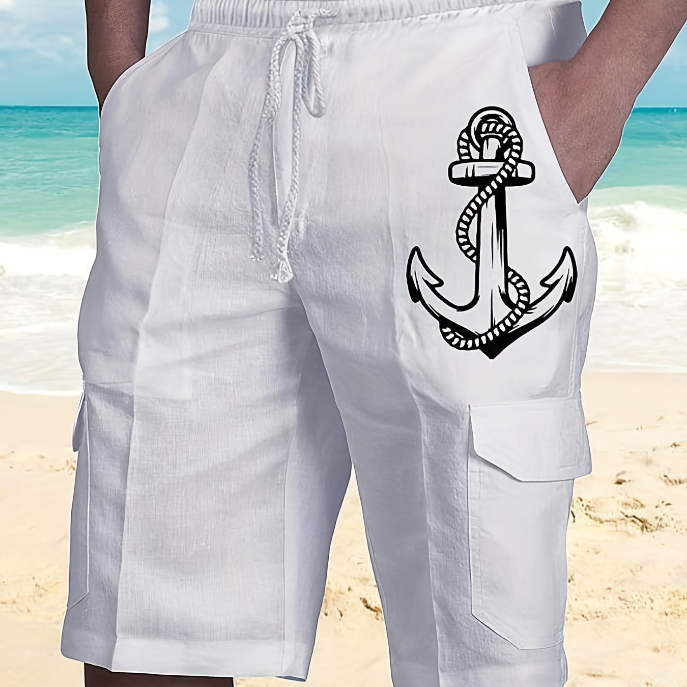 

Anchor Cargo Shorts, Men's Casual Elastic Waist Multi Pocket Drawstring Cargo Shorts For Summer Outdoor, Bermuda Shorts
