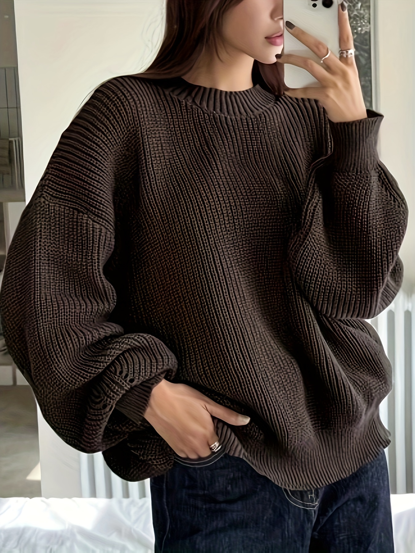 Solid Crew Neck Pullover Sweater, Casual Long Sleeve Drop Shoulder  Oversized Sweater, Women's Clothing