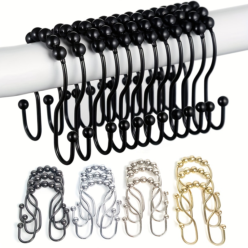 12pcs/set Black Stainless Steel Beaded Shower Curtain Hooks With  Rust-resistant Double-sided Five Roller Ball Bearings For Bathroom Shower  Rods,windows, Bathroom Curtains Hanging
