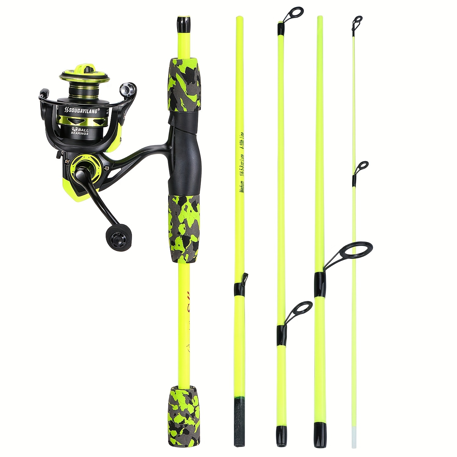 Sougayilang Spinning Fishing Combo, 5 Sections Glass Material Fishing Rod  And 1000/2000 Spinning Reel, Artificial Fishing Bait, Fishing Accessories