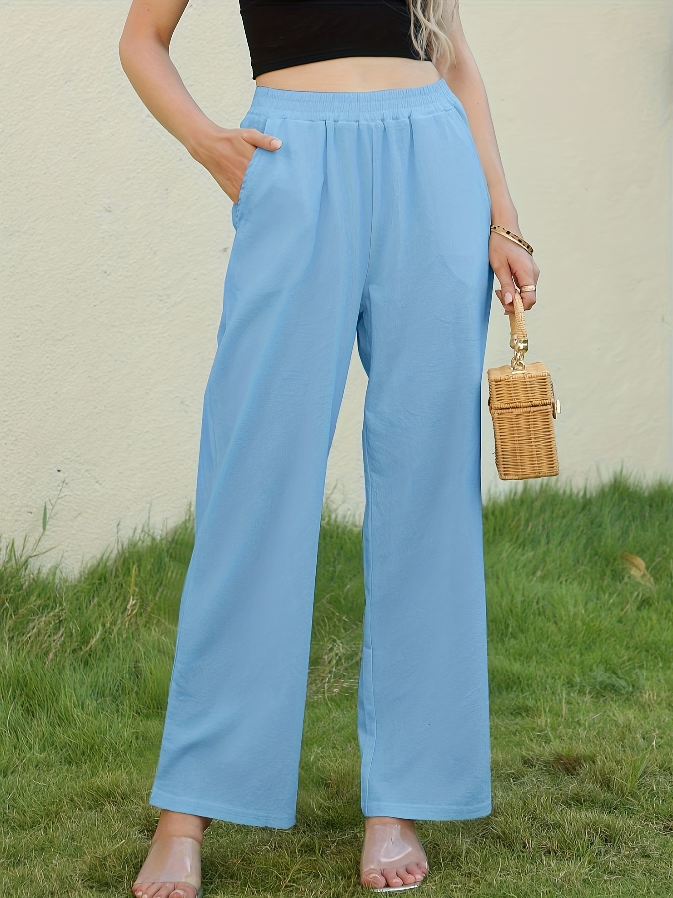 Solid Wide Leg Elastic Waist Pants, Casual Loose Pants