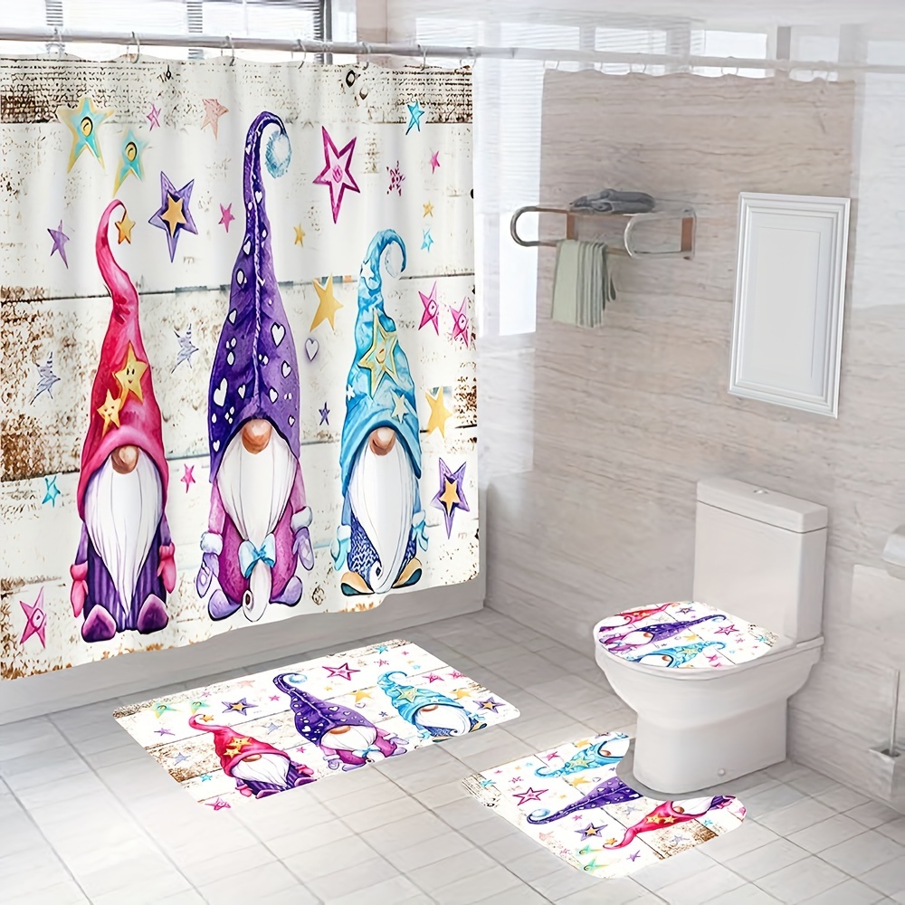 4pcs Star & Gnome Pattern Shower Curtain Set, Waterproof Bath Curtain With  Hooks, U-shaped Mat, Toilet Cover Mat, L-shaped Mat, Aesthetic Bathroom Acc