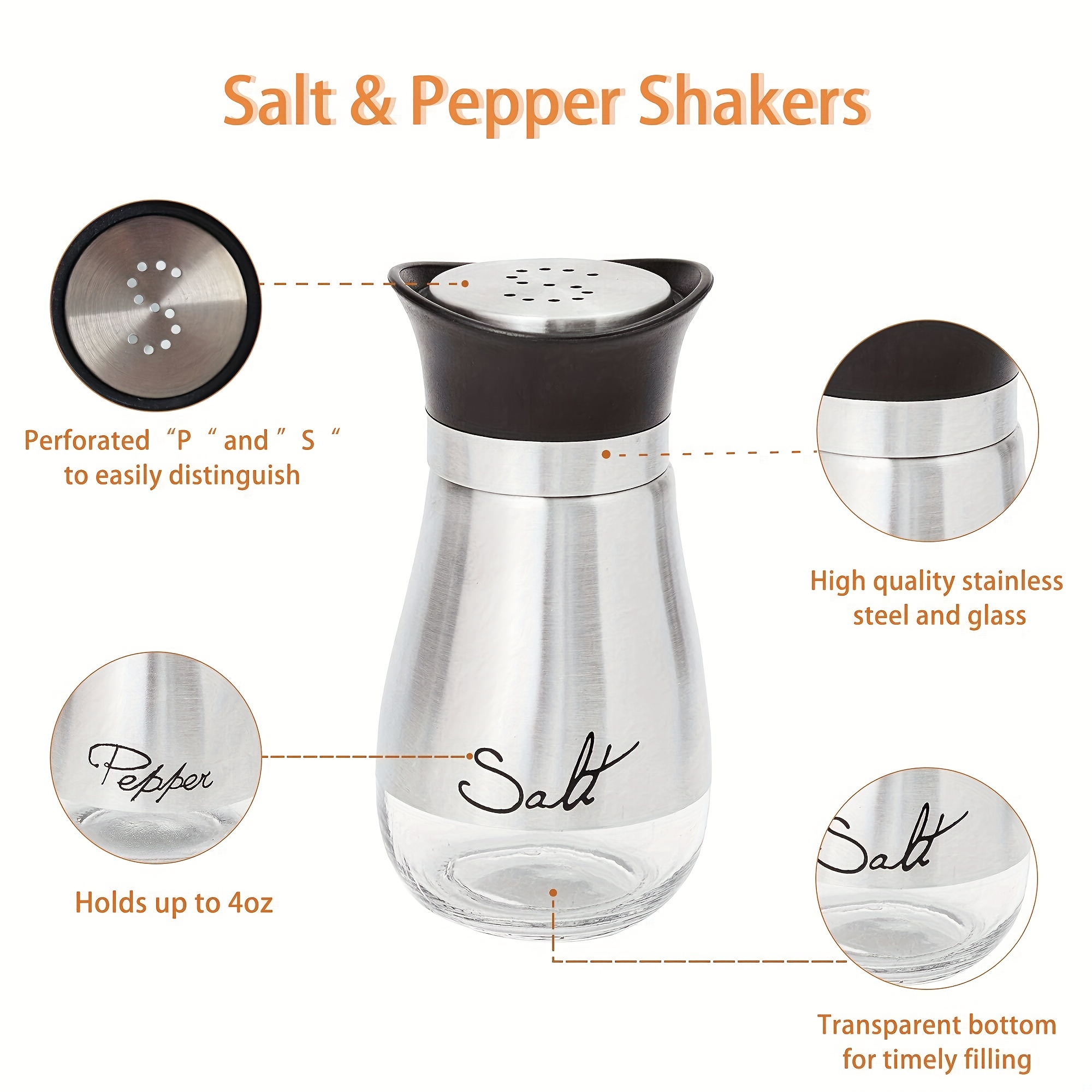 Salt and Pepper Shakers Set,4 oz Glass Bottom Salt Pepper Shaker with  Stainless Steel Lid for Kitchen Gadgets Cooking Table, RV, Camp,BBQ  Refillable