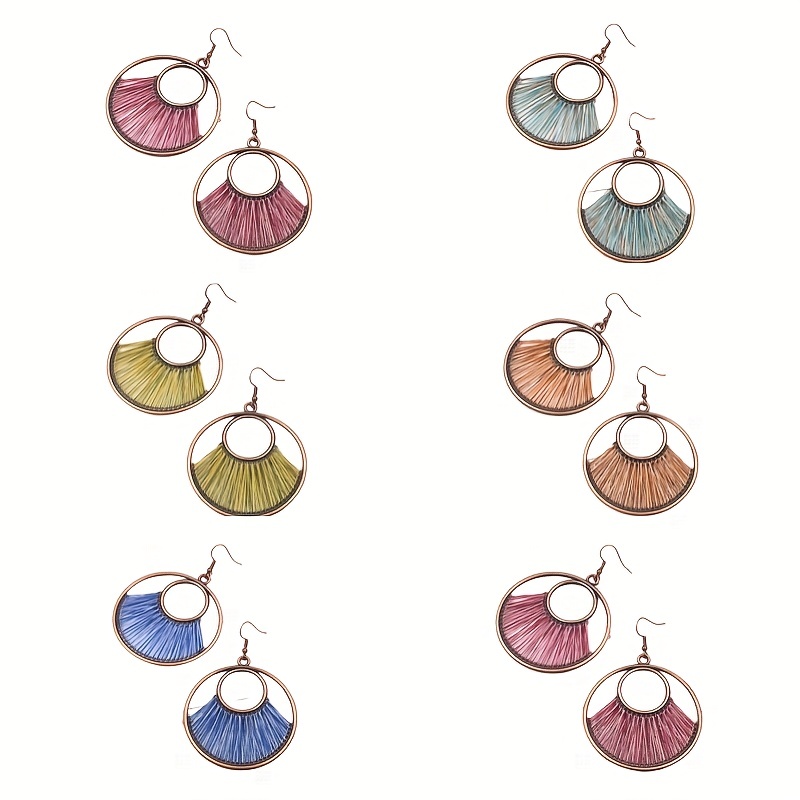 Handmade Ethnic Bohemian Style Dangle Earrings With Golden Silk Thread Hollow Design Unique Female Ear Ornaments