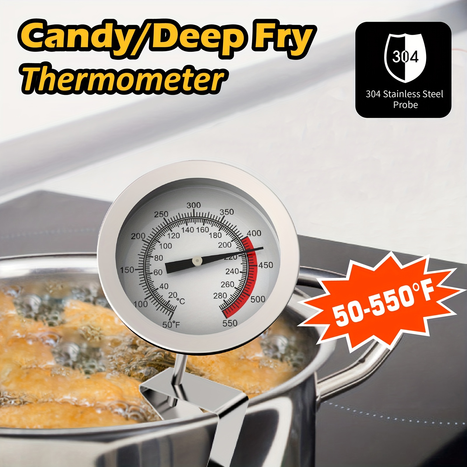 Candy Cooking Thermometer Deep Fry W/ Hanging Hook & Pot Clip Stainless  Steel