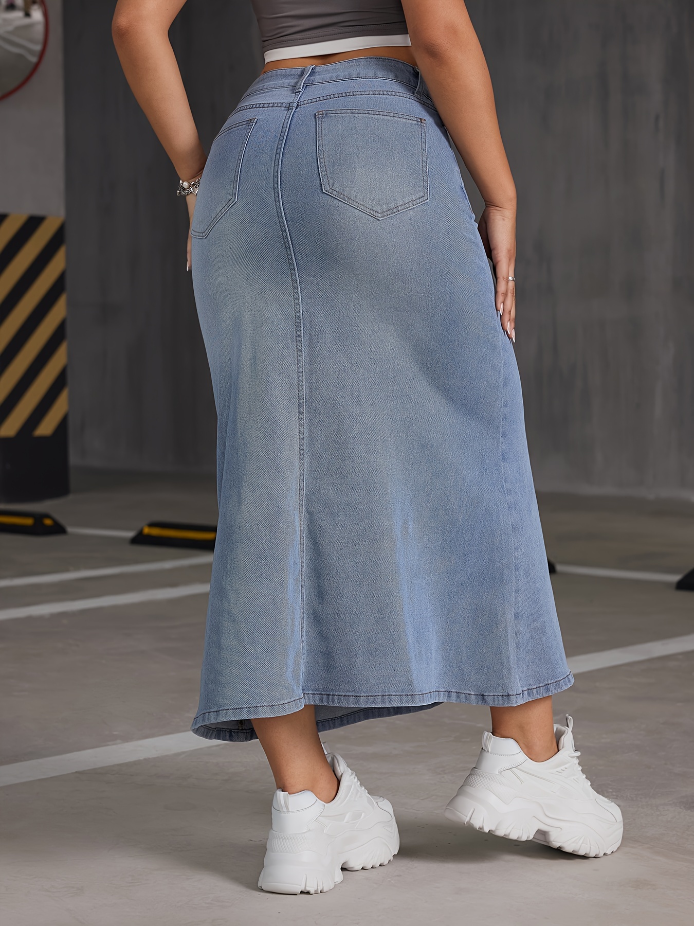 High Waist Slit Washed Denim Maxi Fishtail Skirt