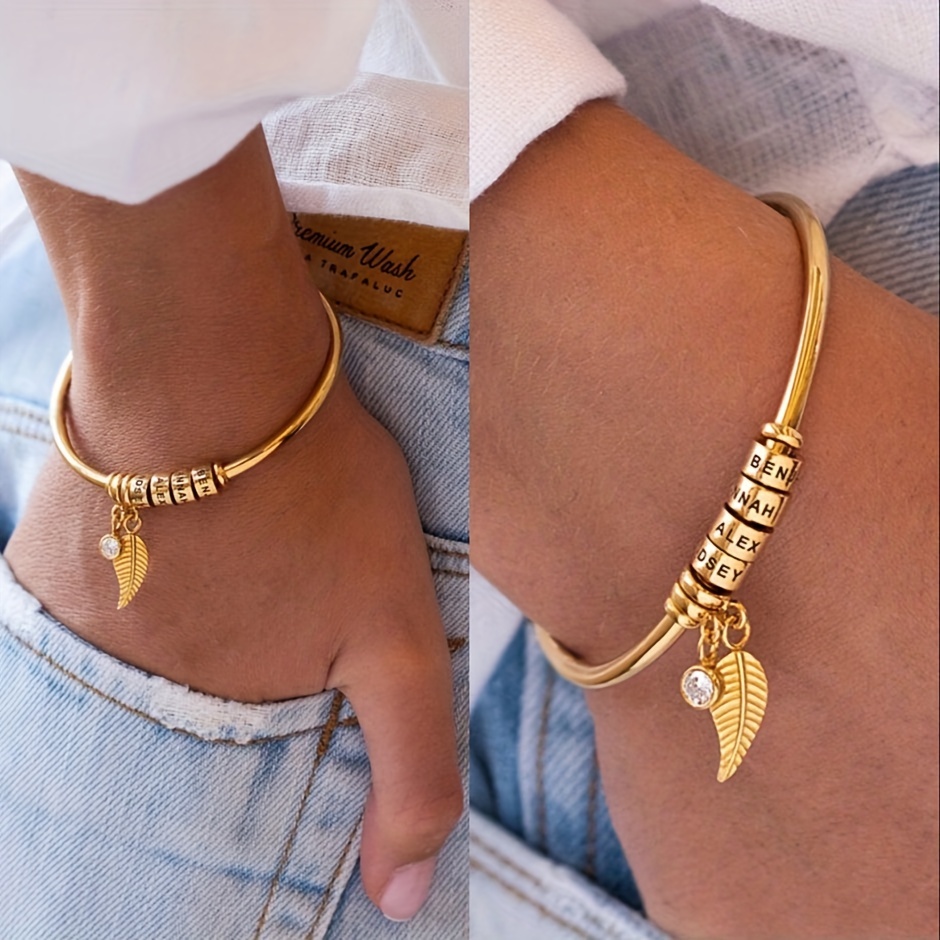Leaf Shaped Stainless Steel Cuff Bangle with Names