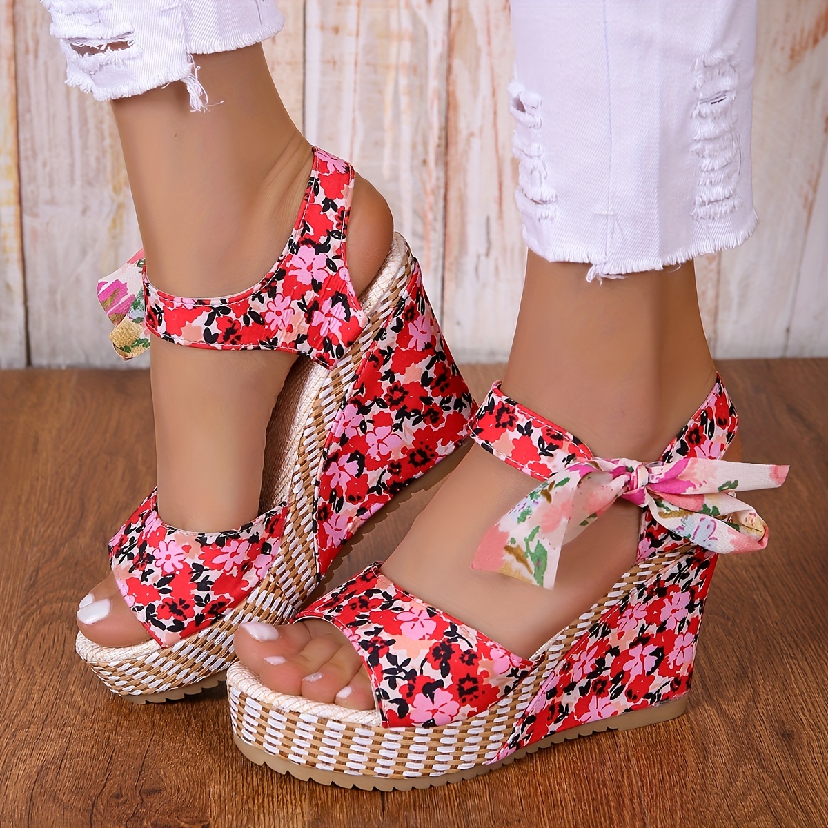 Women's Floral Pattern Wedge Sandals, Open Toe Platform Ankle Strap  Sandals, Women's Footwear