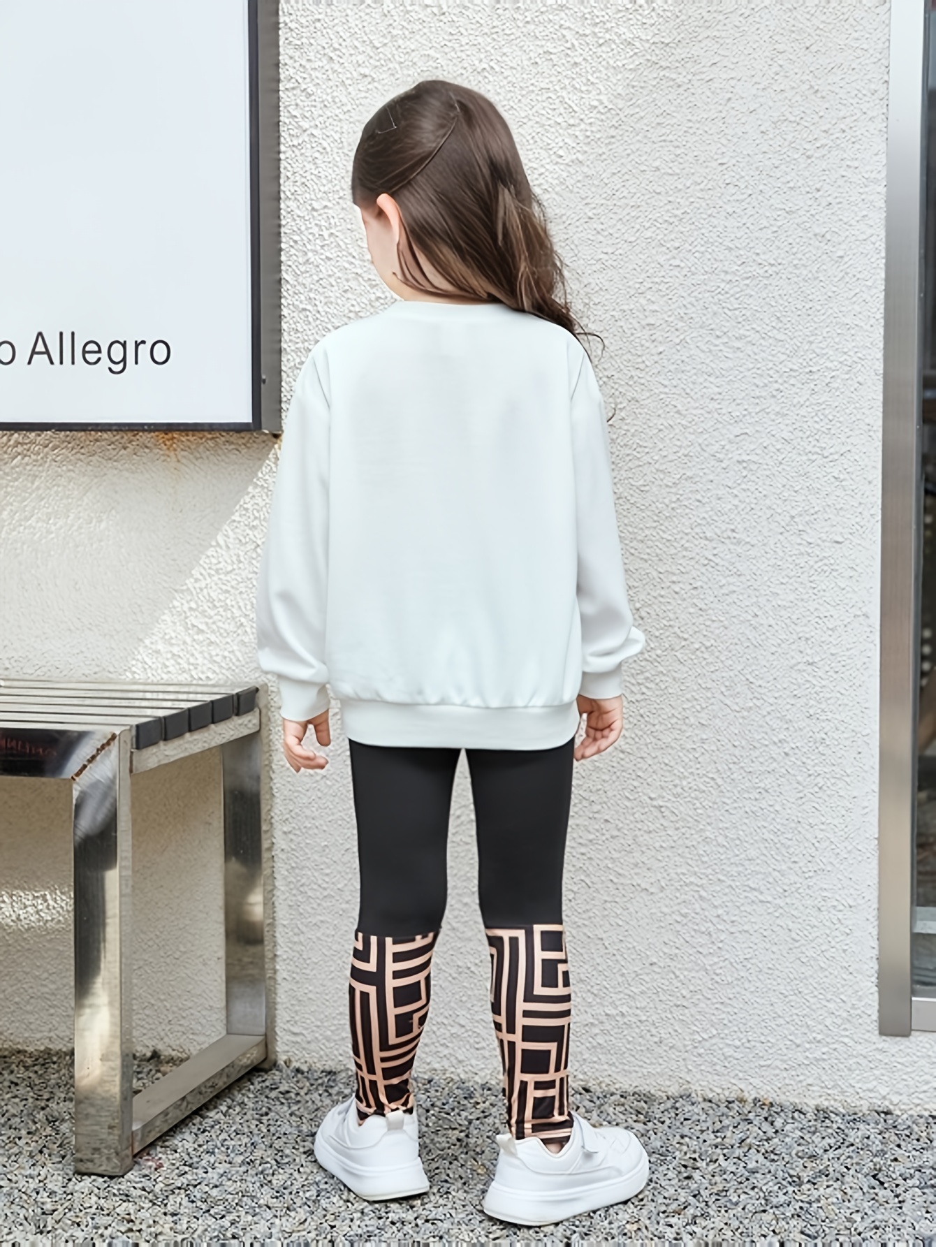 2pcs girls bear graphic outfit sweatshirt geometric pattern allover print leggings set kids clothes for spring fall details 0