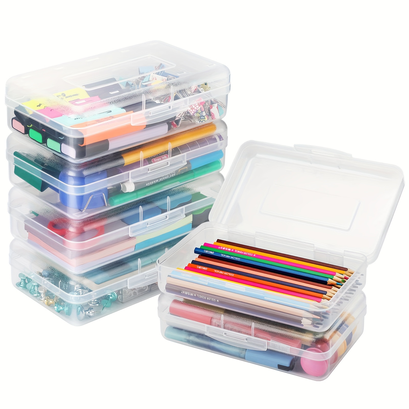 Paquete de 6 cajas de almacenamiento de plástico transparente de gran  capacidad, caja de almacenamiento para lápices de pintura con pinceles,  caja de