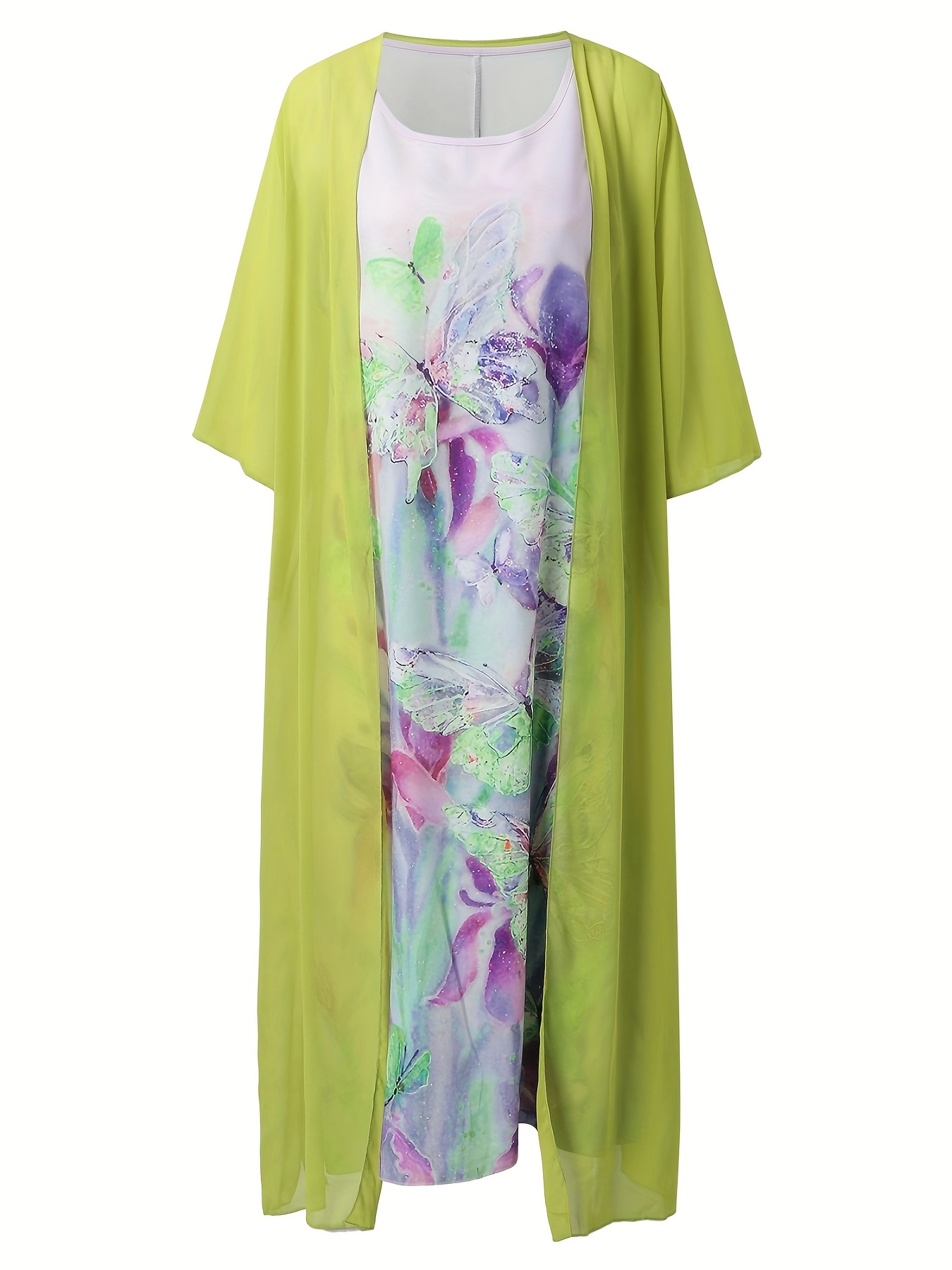 2 Piece Set Half Sleeve Open Front Coat & Floral Print Cami Dress