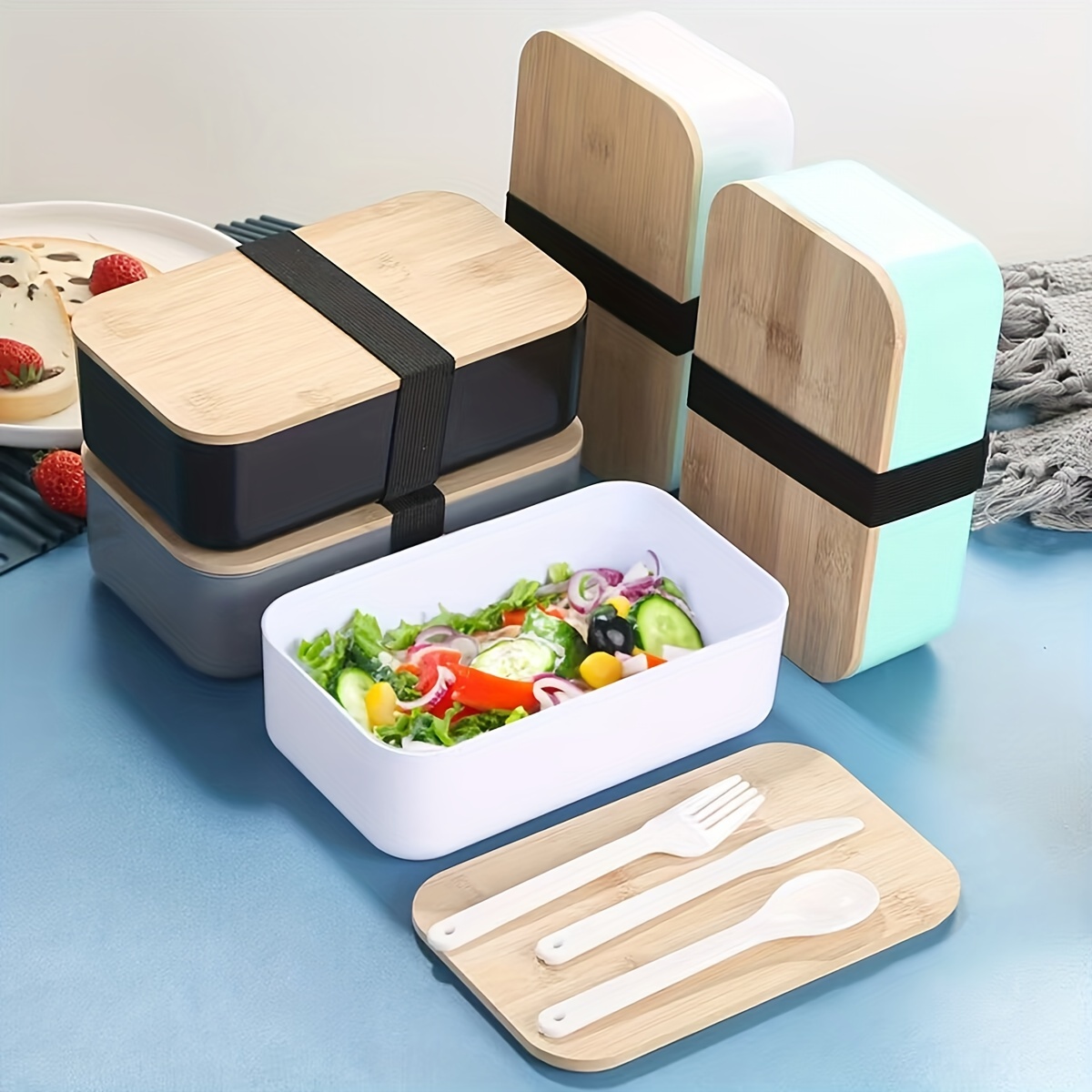 Bamboo Bento Box With Compartments And Utensils Stackable - Temu
