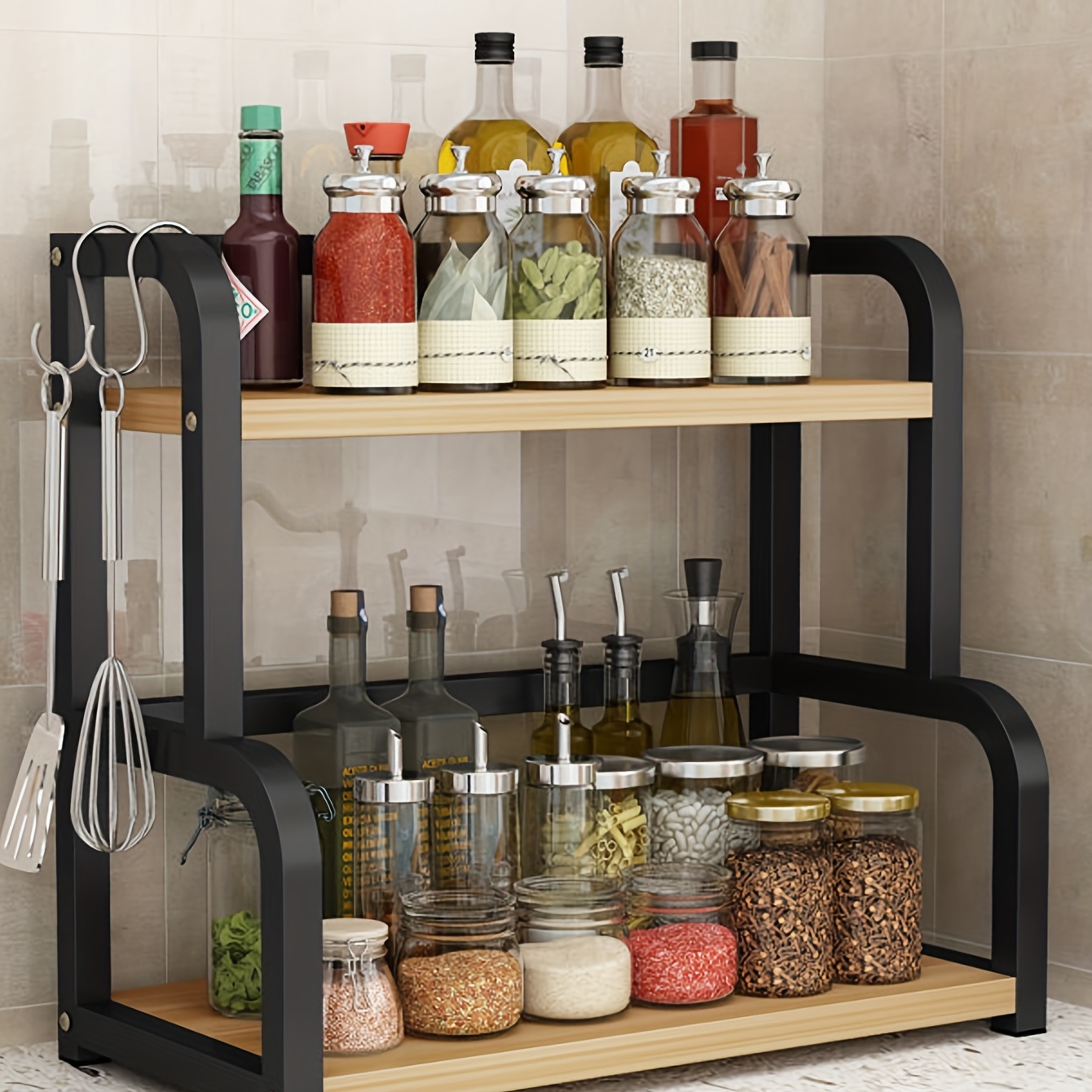 

Sturdy Metal Kitchen Organizer With Wooden Shelves - Spice Rack & Storage Solution, No Assembly Required