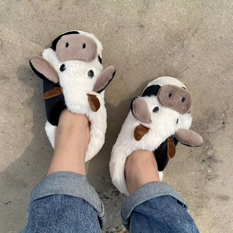Womens Cute Cartoon Cow Fluffy Slippers Warm Slip On Winter House Shoes Womens Funny Bedroom - Women's - Temu Australia