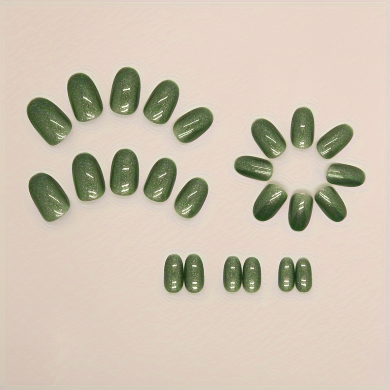 24pcs short oval fake nails glossy pure color green artificial nails with jelly stickers 1pc nail file details 2