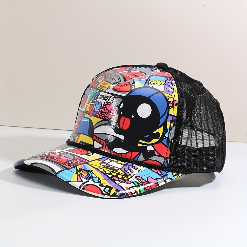 Black Cartoon Print Baseball Cap Hip Hop Unisex Breathable Mesh Trucker Hat  Adjustable Trendy Sunscreen Dad Hats For Women & Men