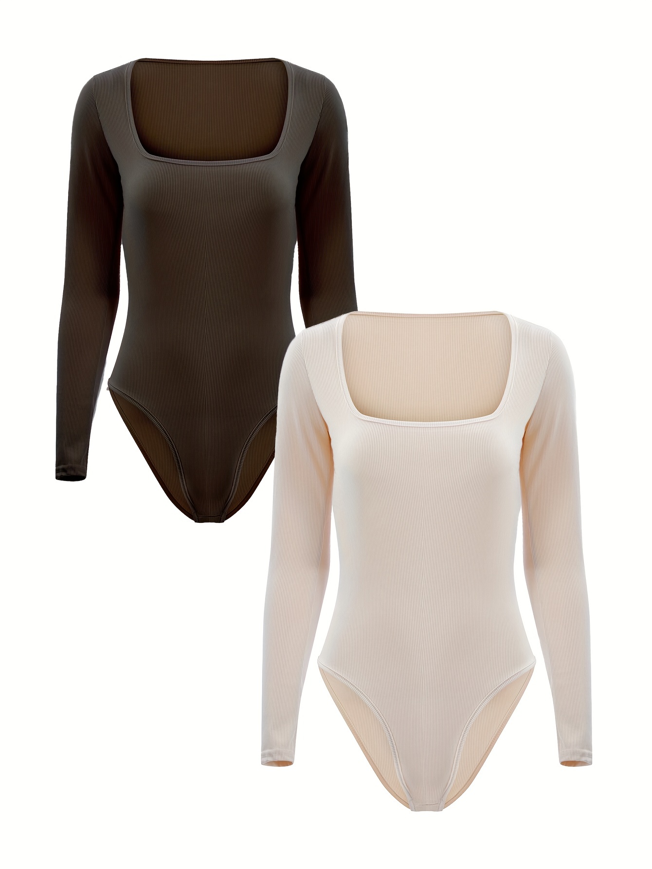 2 Pack Square Neck Bodysuits, Casual Long Sleeve One-Piece Bodysuits,  Women's Clothing