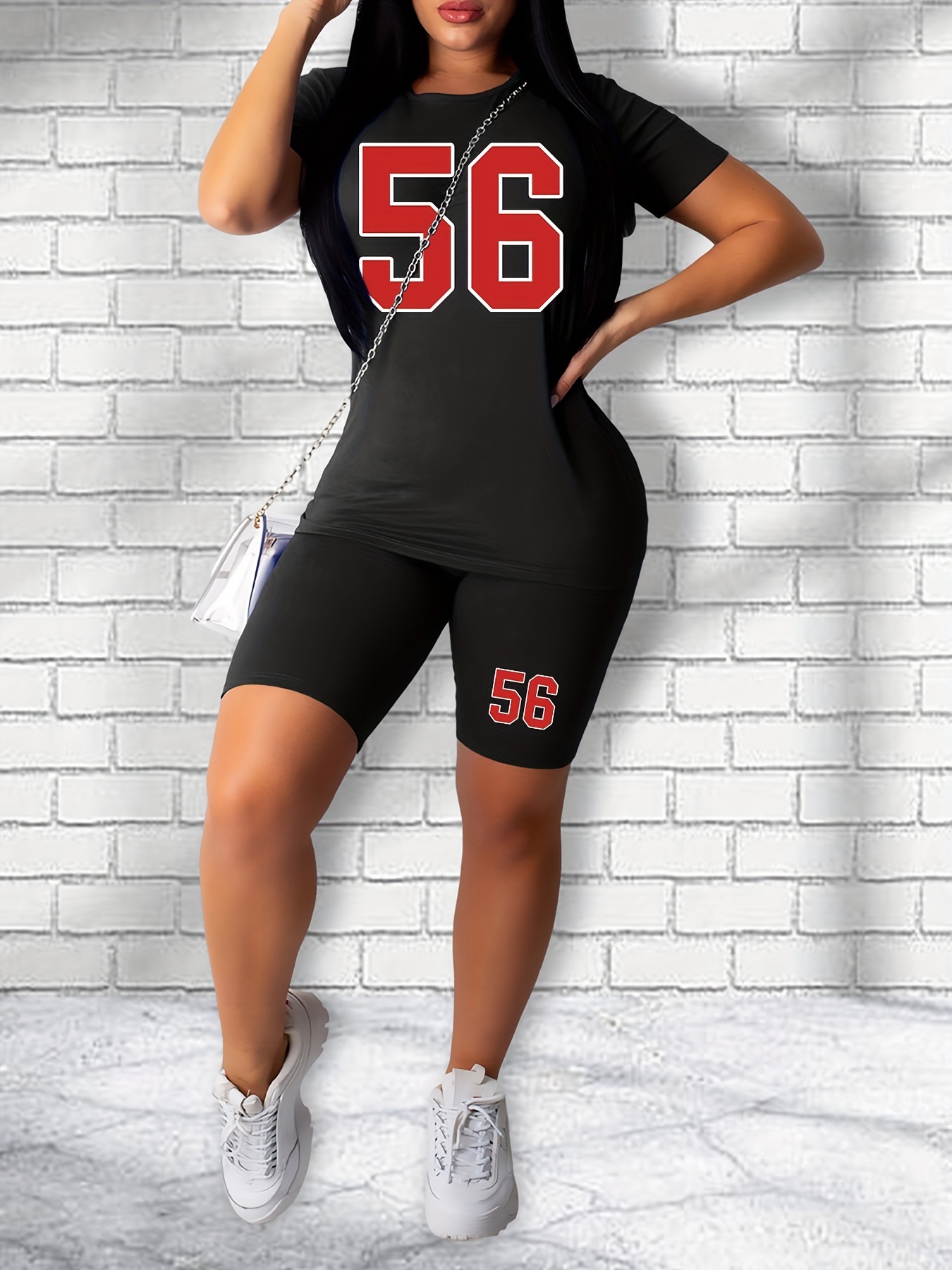Casual Two Piece Set Short Sleeve Tee & Slim Shorts, Women's Outfit
