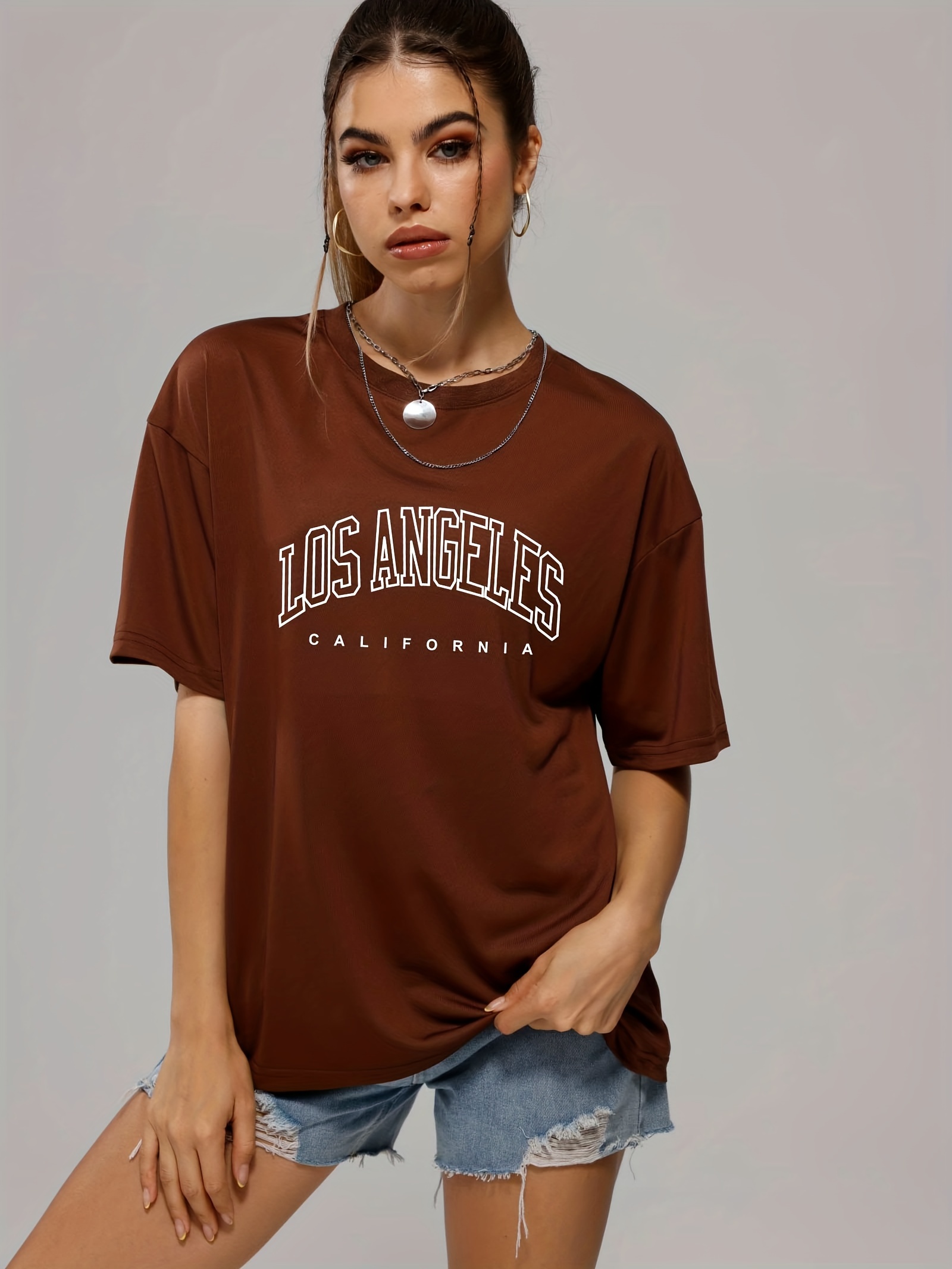 KECKS Women's Shirts Women's Tops Shirts for Women Letter Graphic  Drawstring Side Tee (Color : Brown, Size : Small) at  Women's  Clothing store
