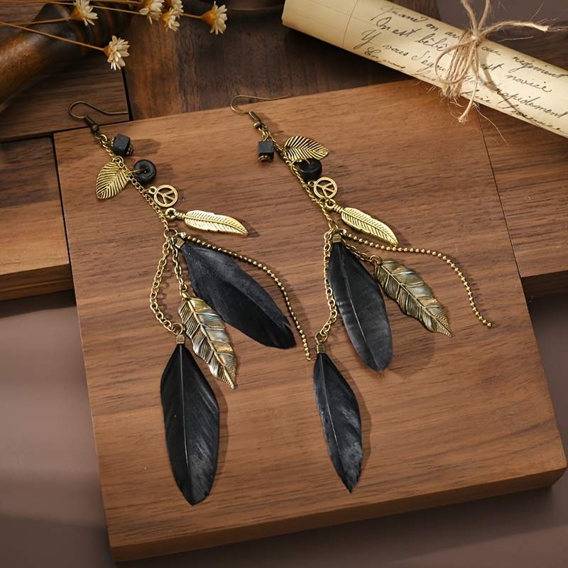 Bohemian Style Feather Tassel Drop Earrings, Leaf Decor