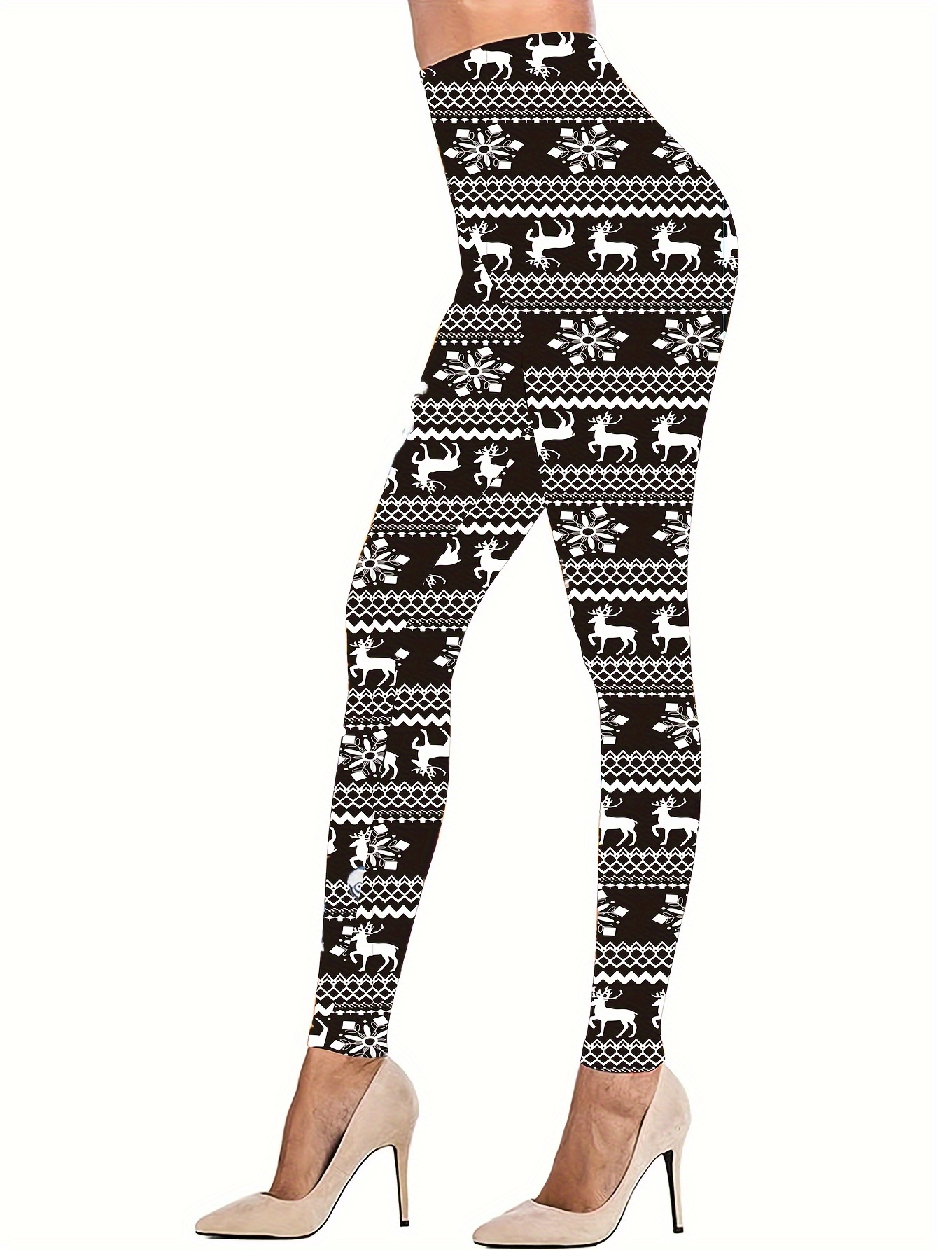 Christmas Elk Snowflake Print Skinny Leggings Casual Elastic - Temu