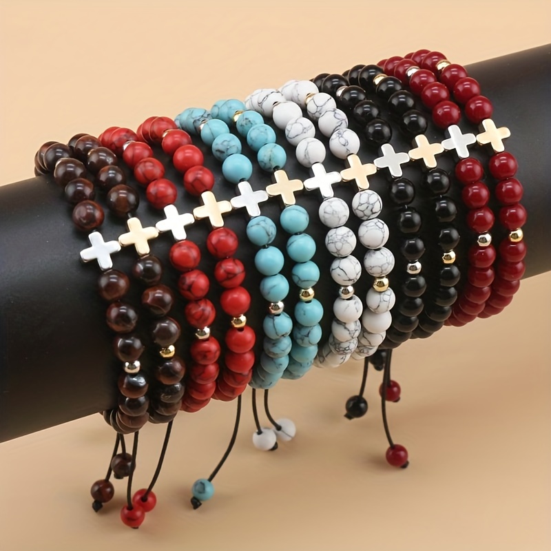 6mm Natural Stone Bracelet Hand-Woven Adjustable Wax Thread Cross Bracelet White Turquoise Turquoise Red Tiger Eye Bead Bracelet Small Bead