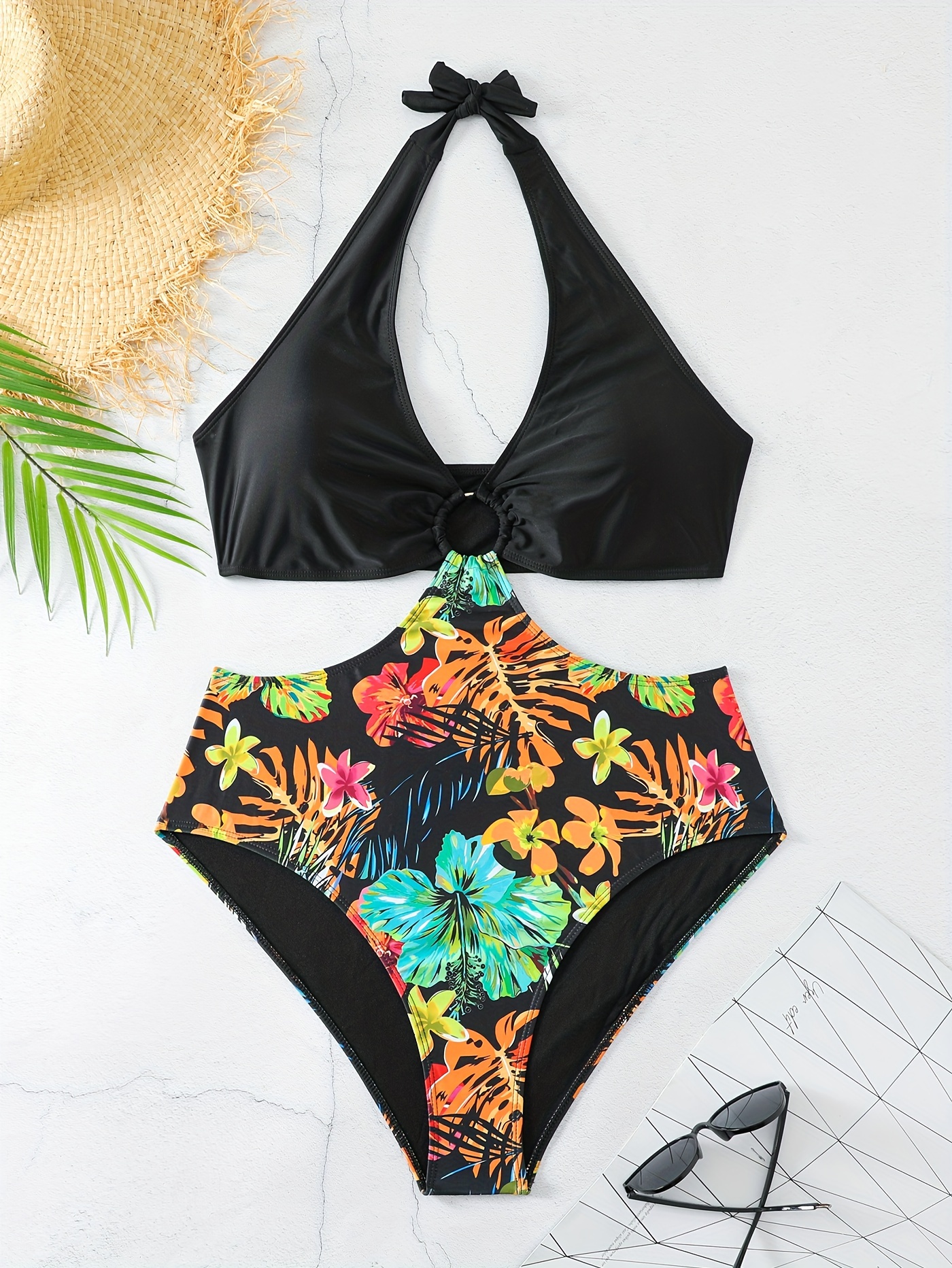 Tropical Print Swimsuit Ring linked Cut Halter V - Temu