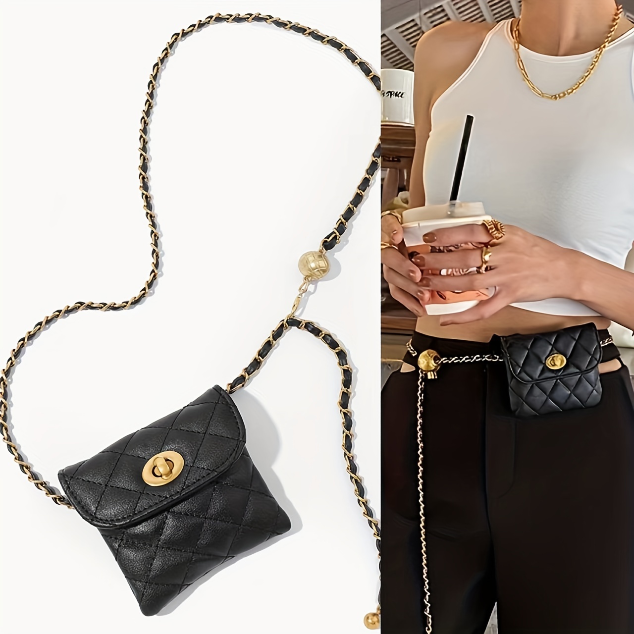 Golden Ball Chain Belt Bag For Women Crossbody Clutch Purse Fanny Pack  Fashion Evening Mini Handbag Detachable - Temu United Arab Emirates